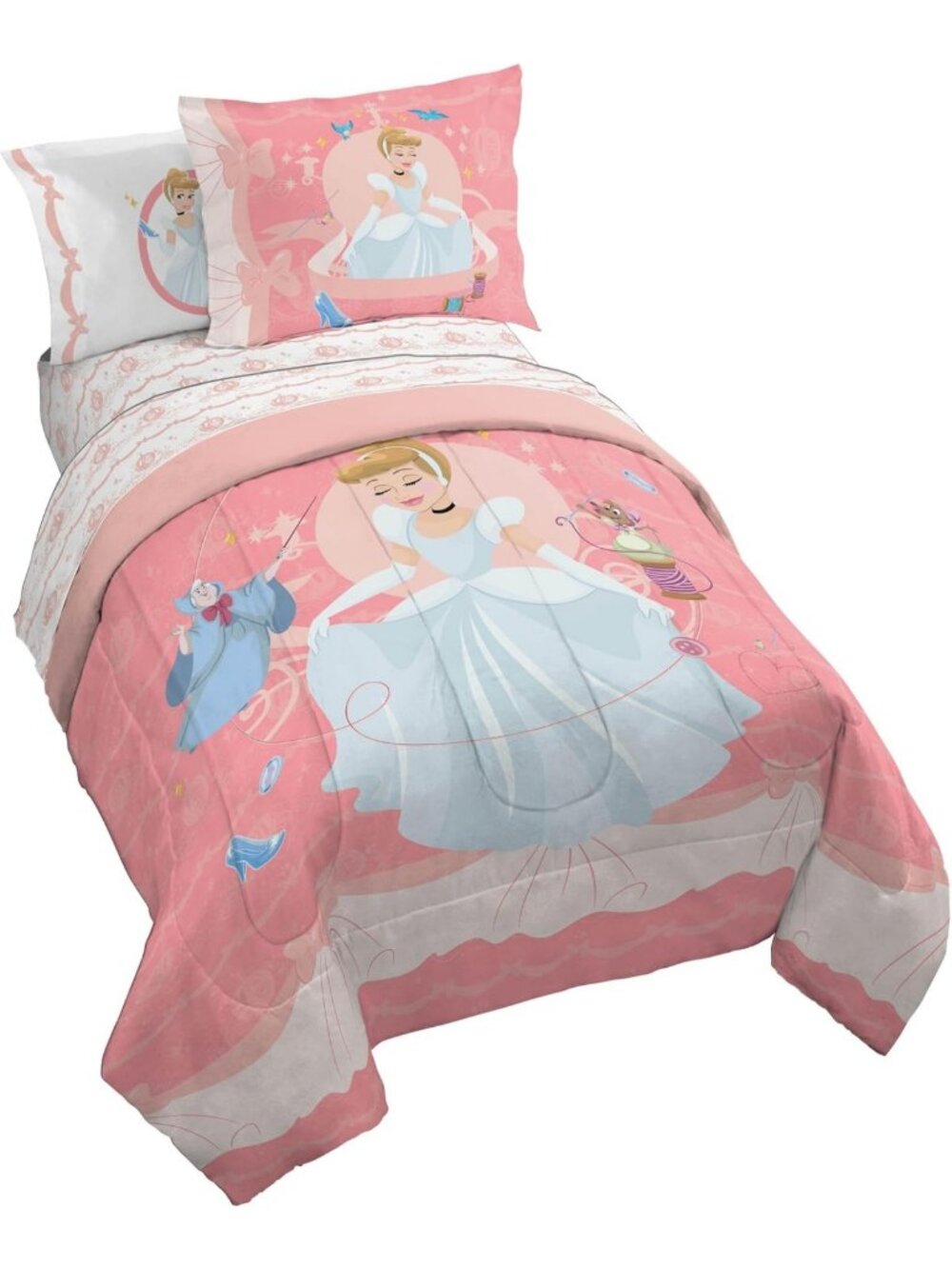 5-Piece Cinderella Twin Comforter Set - Kids Pink Bedding, Princess Theme